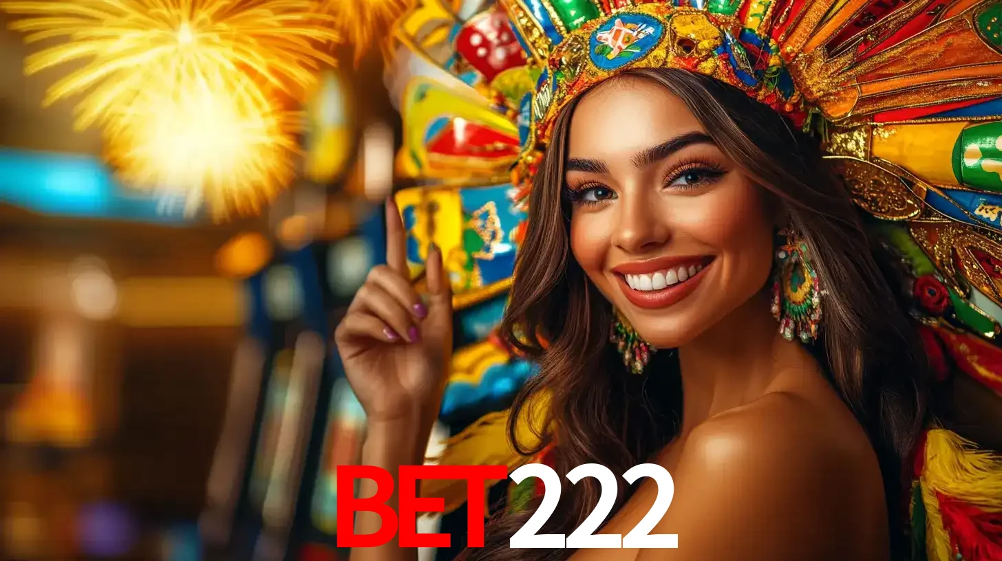 Mulher sorridente com um cocar de carnaval vibrante e colorido, celebrando uma grande vitória nos jogos do cassino bet222 com fogos de artifício ao fundo.