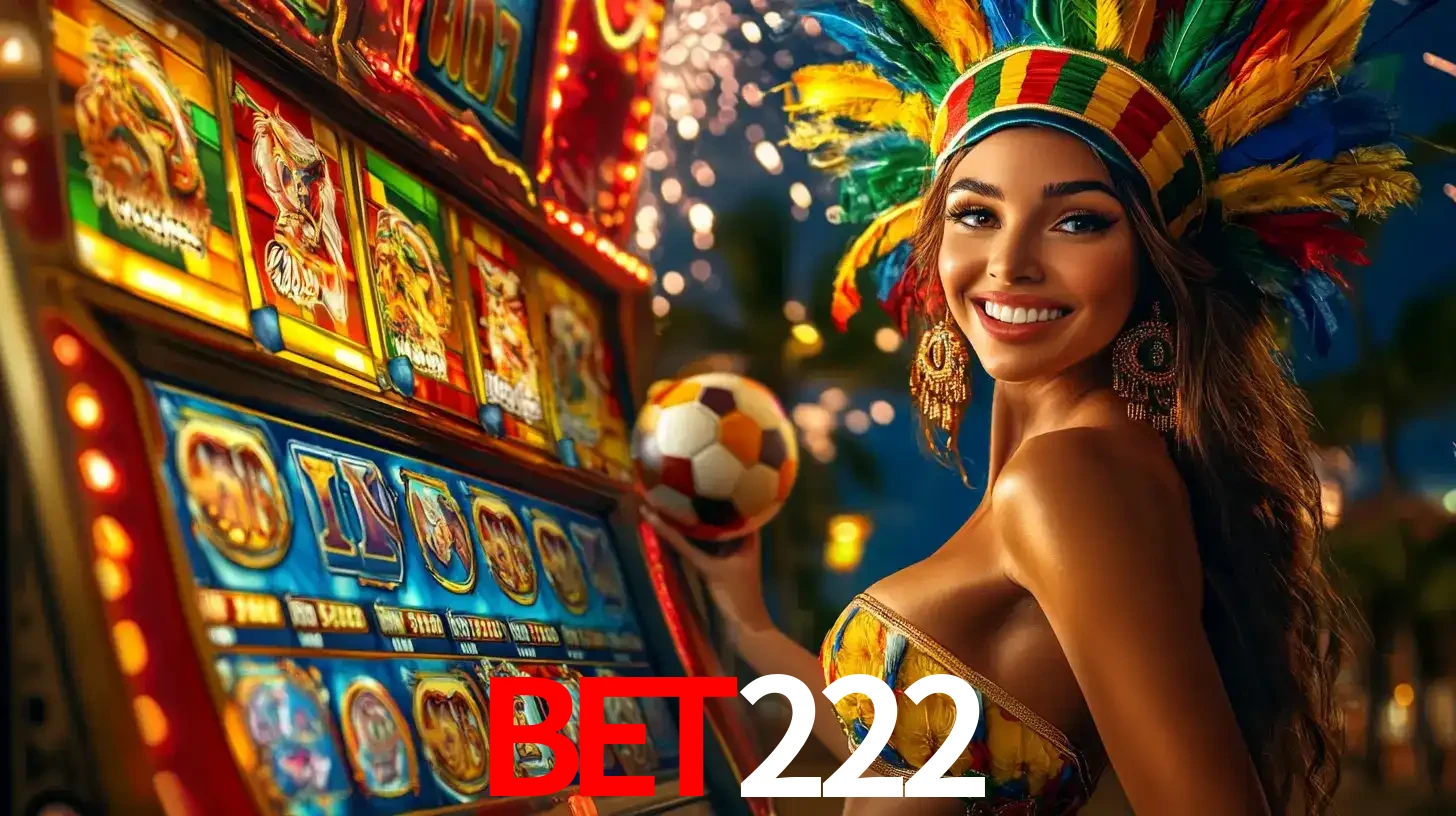 Mulher com um cocar de carnaval ao lado de uma máquina de caça-níqueis enquanto segura uma bola de futebol, mostrando a união da diversão de cassino e esportes no bet222.
