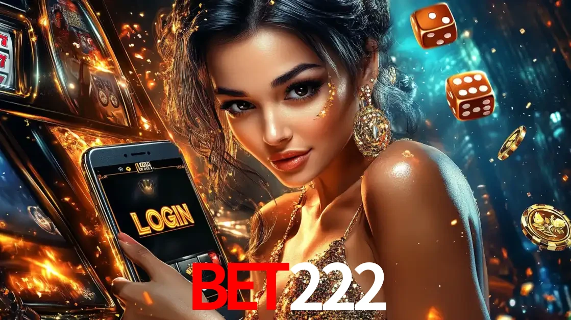 Mulher glamourosa segurando um celular com a tela de login do cassino bet222, rodeada por dados e moedas douradas, pronta para começar a diversão.