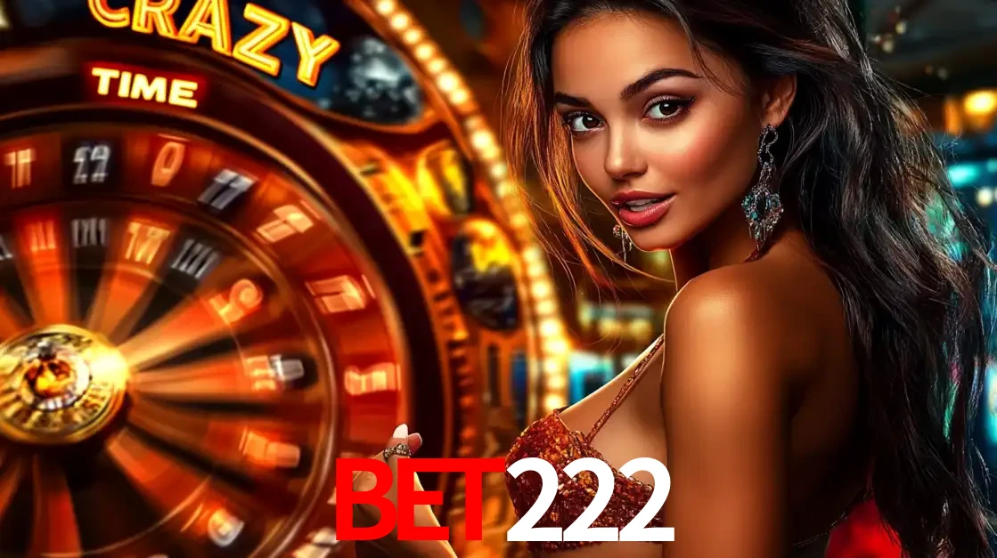 Mulher ao lado da roda de prêmios do jogo de cassino ao vivo Crazy Time, um dos shows de jogos mais emocionantes oferecidos pela plataforma de apostas bet222.