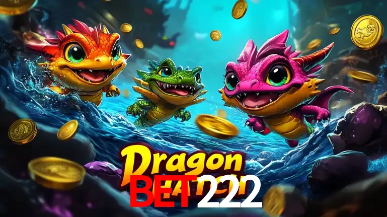 Arte promocional do jogo Dragon Hatch com três adoráveis dragões bebês nadando entre moedas de ouro, um dos slots mais divertidos para jogar no cassino bet222.