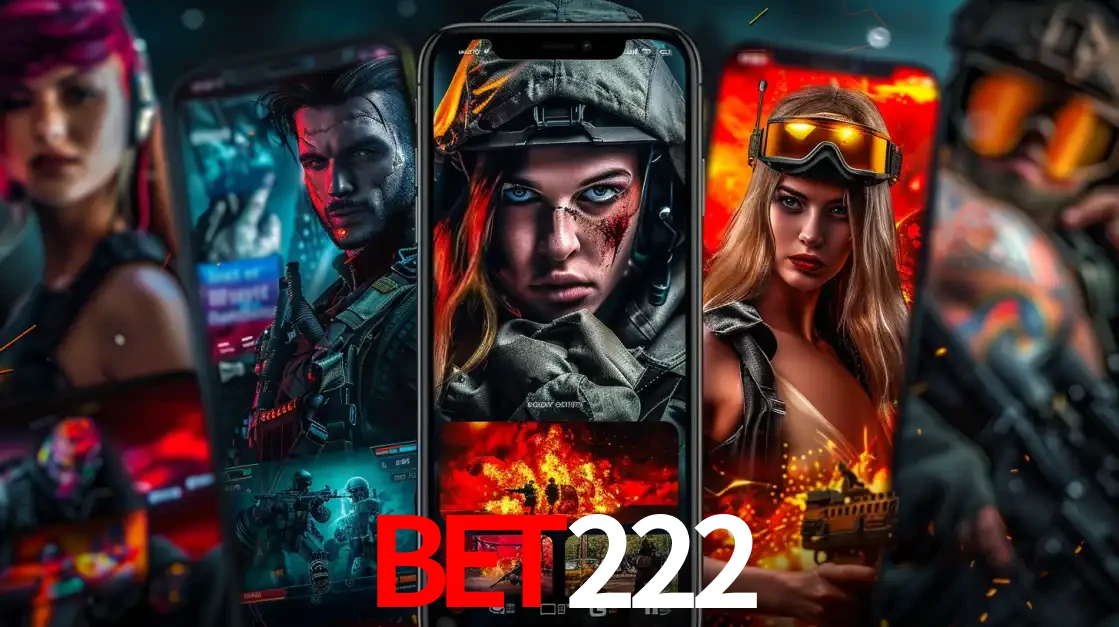 Montagem de telas de celular mostrando diversos personagens, masculinos e femininos, de um jogo de tiro, ilustrando a diversidade de equipes de e-sports para apostar no bet222.