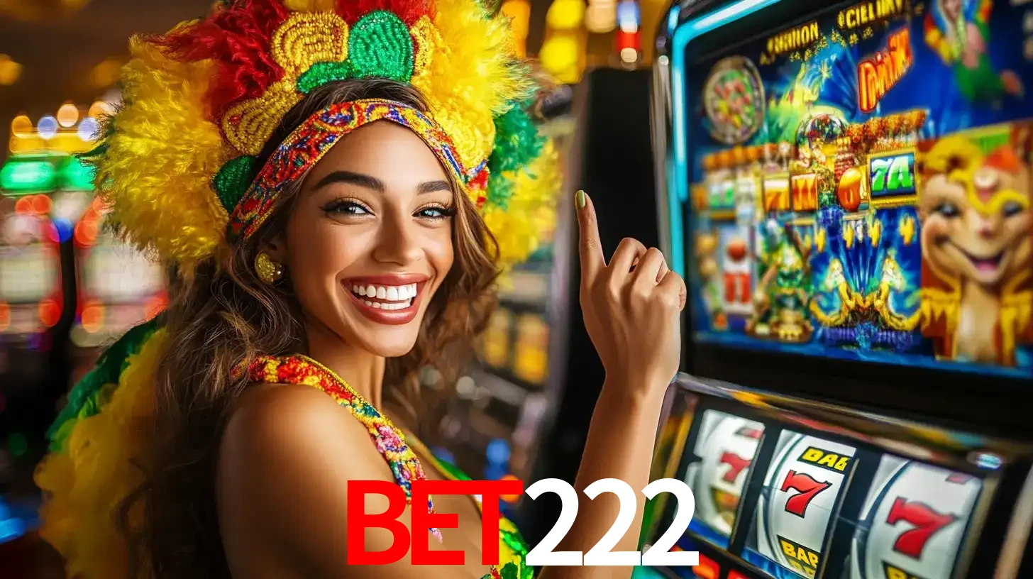 Mulher animada com um cocar de carnaval apontando para uma máquina de caça-níqueis, mostrando a emoção de ganhar um grande prêmio nos jogos do bet222.