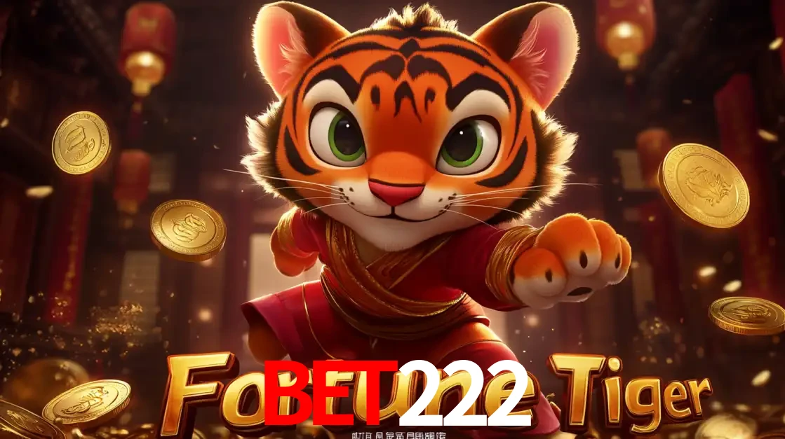 O carismático mascote do jogo de slot Fortune Tiger, um tigre fofo em pose de artes marciais, pronto para trazer sorte e multiplicadores de ganhos no cassino online bet222.