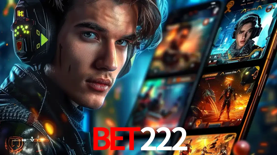Jovem jogador com fones de ouvido olhando para a câmera, com um aplicativo de jogos e e-sports para celular ao fundo, pronto para a competição e apostas no bet222.