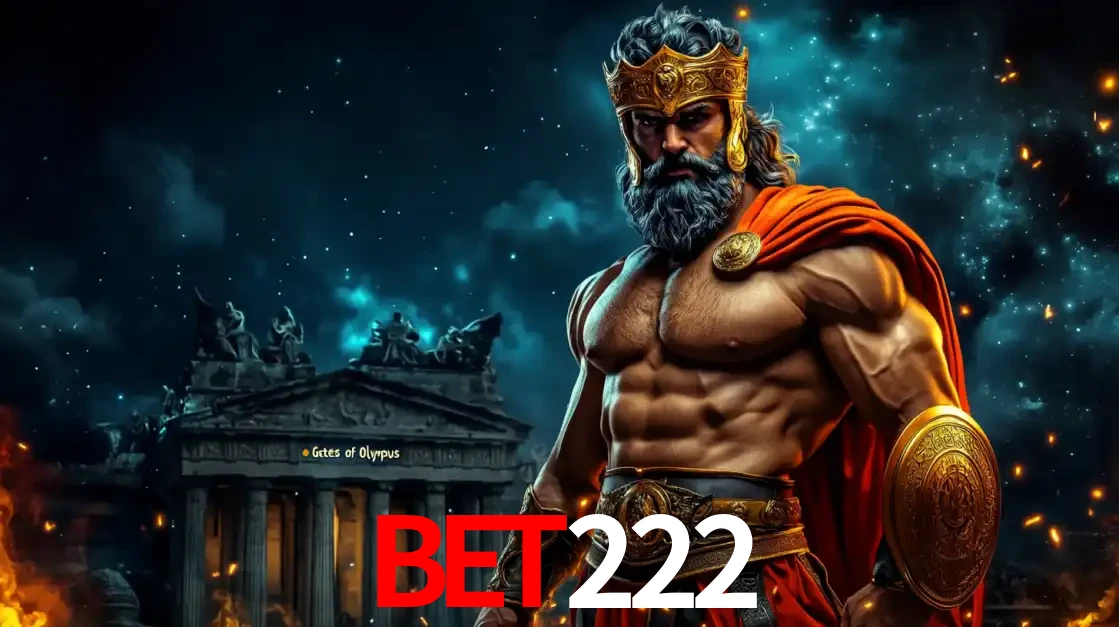 O poderoso Zeus do jogo de slot Gates of Olympus em frente ao seu templo, pronto para lançar multiplicadores divinos e prêmios épicos no cassino online bet222.