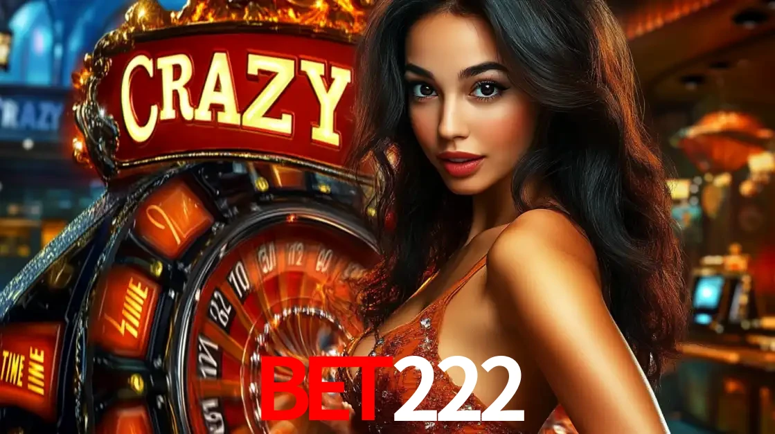 Mulher glamourosa olhando para a câmera com a roda vermelha do Crazy Time ao fundo em um ambiente de cassino, destacando a emoção dos jogos ao vivo no bet222.