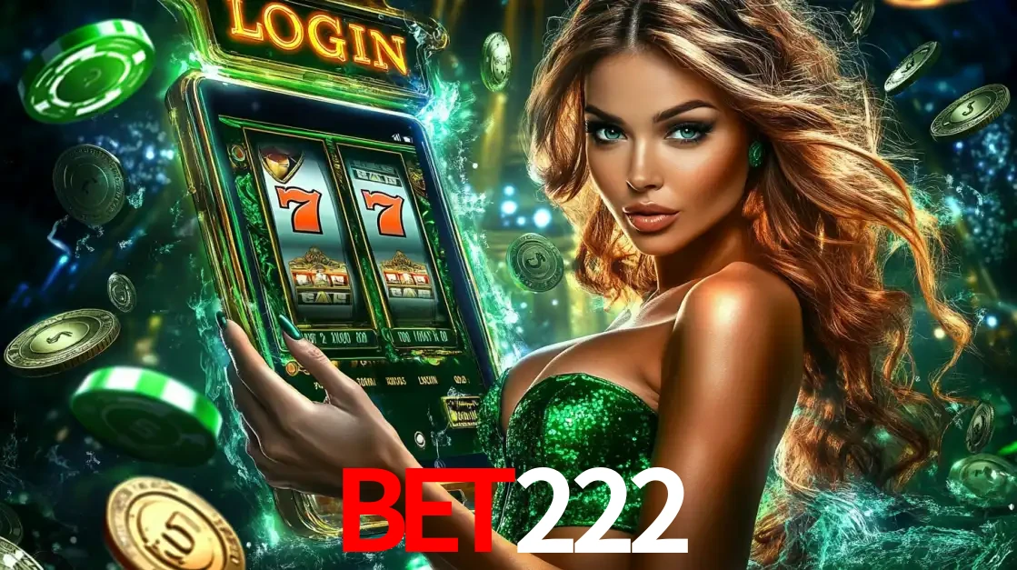 Mulher com tema verde apresentando o aplicativo do cassino bet222 com um jogo de slot de 777, cercada por fichas de cassino e uma aura de sorte.