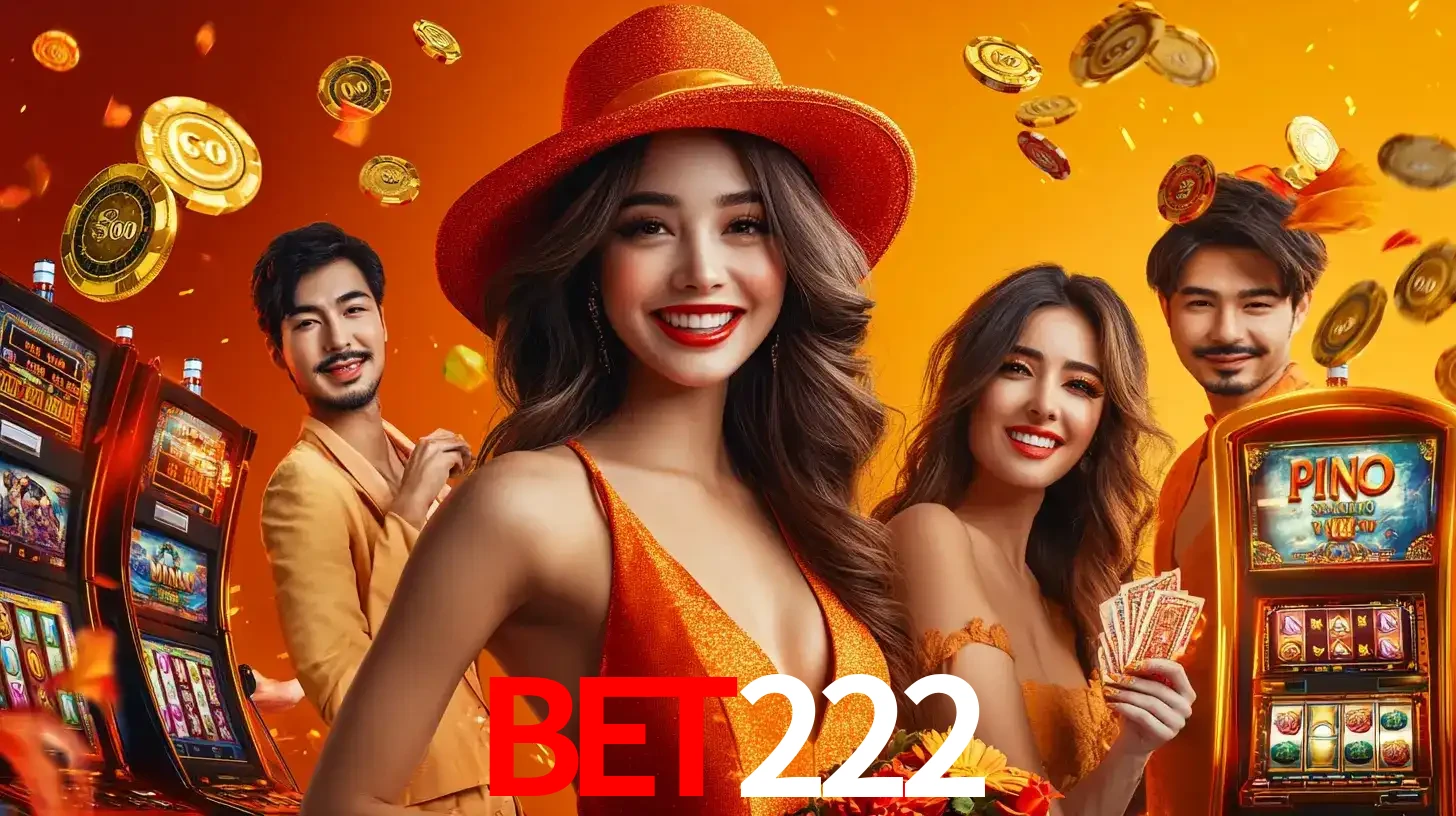 Grupo de amigos asiáticos sorrindo e se divertindo com máquinas de caça-níqueis em um ambiente festivo, celebrando suas vitórias nos jogos de cassino do bet222.