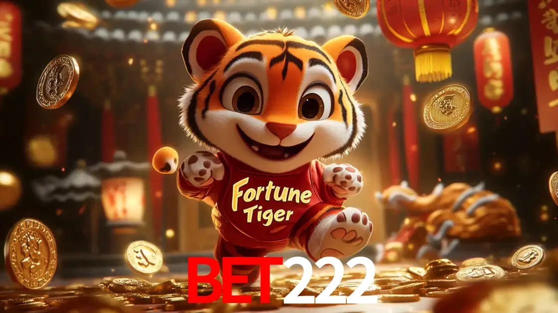 O alegre personagem do Fortune Tiger correndo sobre um caminho de moedas de ouro, simbolizando os grandes prêmios e a diversão do popular jogo de slot do bet222.