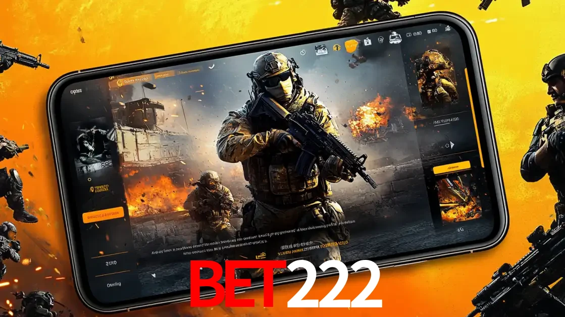 Um smartphone exibindo a interface de um jogo de tiro em primeira pessoa, com um soldado em um cenário de batalha, representando a ação dos e-sports para apostar no bet222.