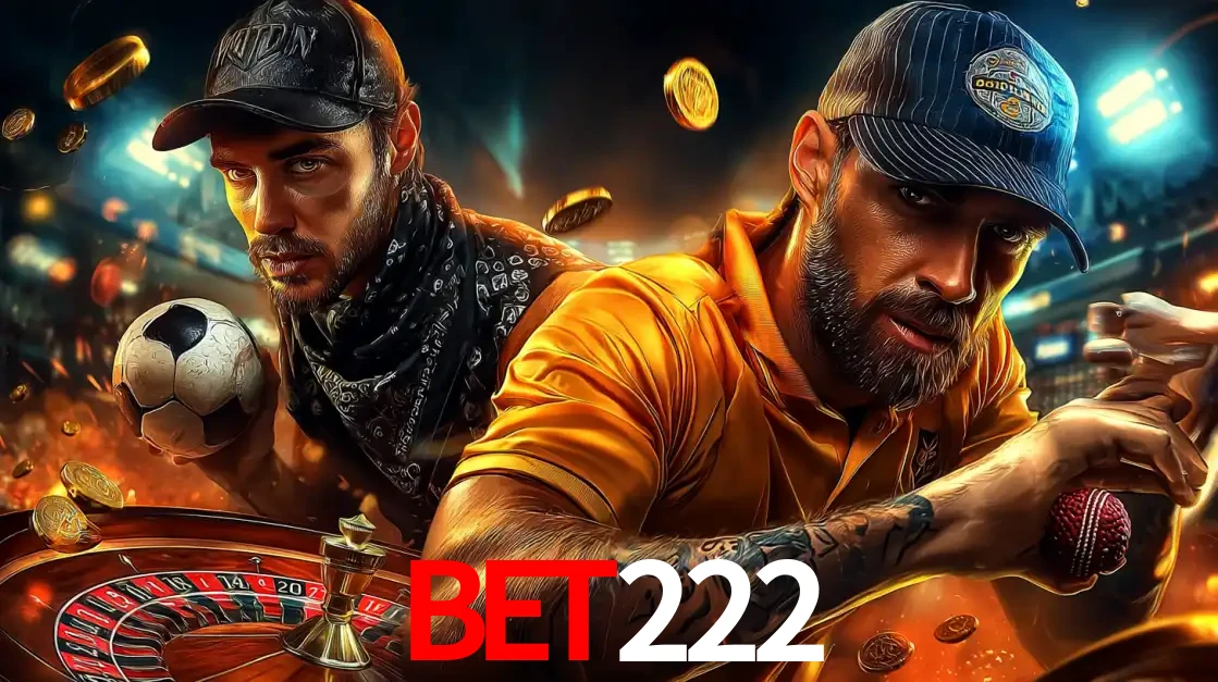Montagem de apostas esportivas e cassino no bet222, com um homem segurando uma bola de futebol e outro uma de beisebol sobre uma roleta e moedas voadoras.
