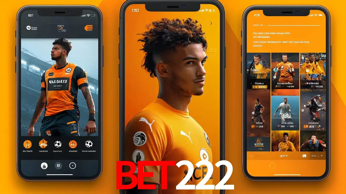 Interface do aplicativo de apostas esportivas bet222 em três telas de celular, mostrando o perfil de um jogador de futebol e a lista de jogos disponíveis para apostar.