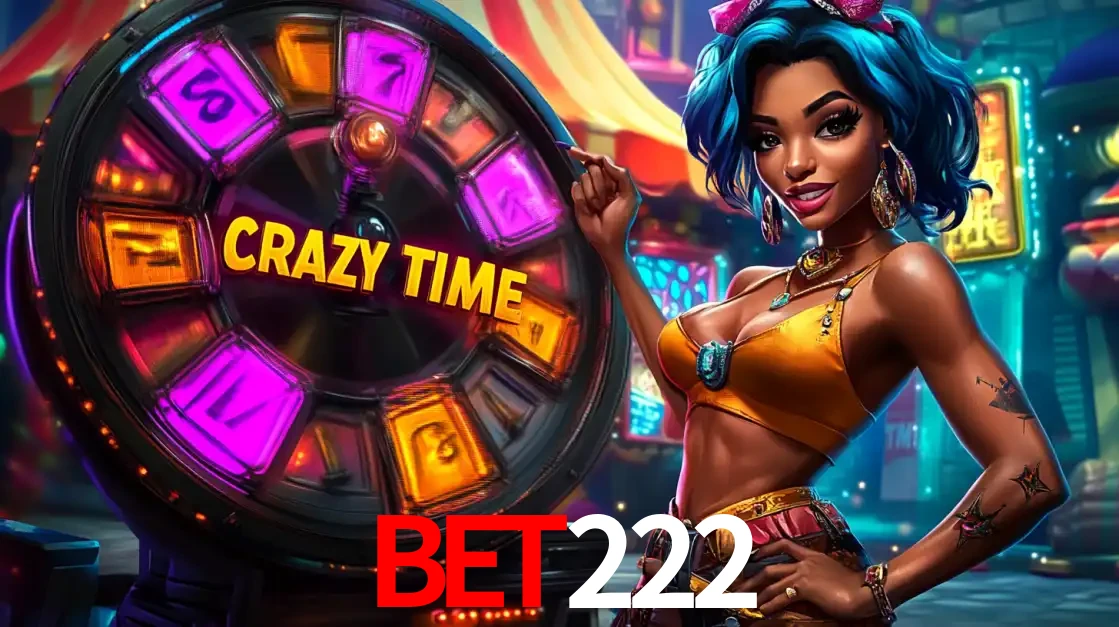 Mulher estilizada com cabelo azul e visual vibrante posando ao lado da roda de prêmios do game show Crazy Time, convidando para a diversão e os bônus do cassino bet222.