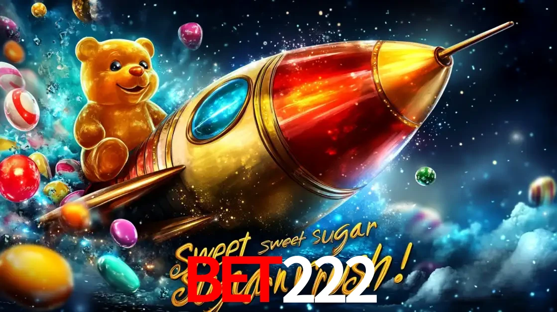 Arte promocional do jogo de slot Sugar Rush, com um urso de pelúcia em um foguete viajando pelo espaço de doces, um dos jogos divertidos disponíveis no cassino bet222.