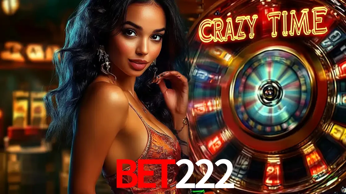 Mulher elegante ao lado da vibrante roda da fortuna do jogo de cassino ao vivo Crazy Time, um dos game shows mais populares e cheios de prêmios do bet222.
