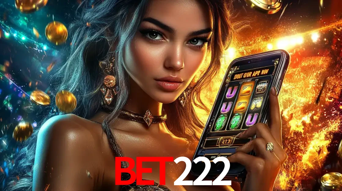 Mulher elegante mostrando um jogo de caça-níqueis em seu smartphone, destacando a experiência de cassino móvel oferecida pelo aplicativo bet222.