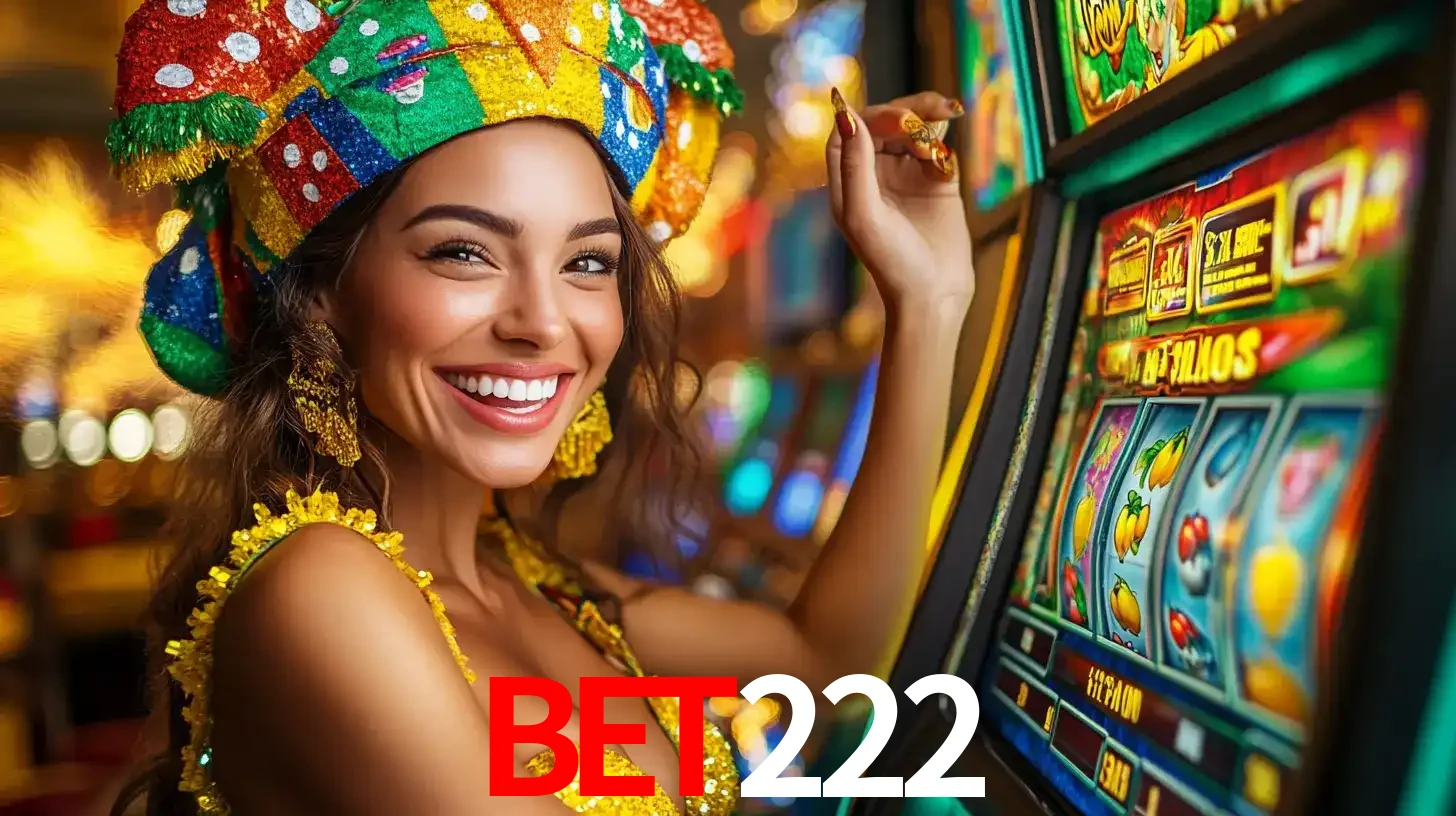 Mulher feliz com traje de carnaval amarelo e colorido ao lado de uma máquina de caça-níqueis, aproveitando a diversão e os jogos temáticos do cassino bet222.