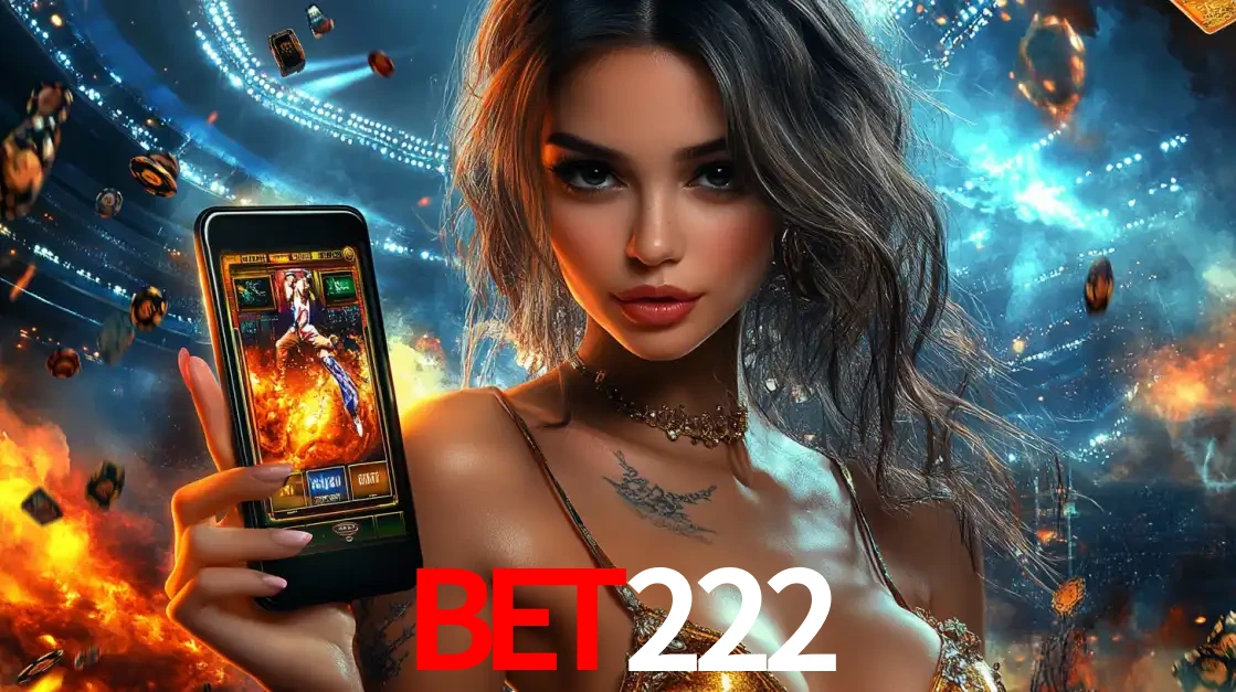 Mulher segurando um celular com um jogo de slot em destaque, tendo como fundo um estádio vibrante, simbolizando a emoção de jogar no cassino móvel bet222.