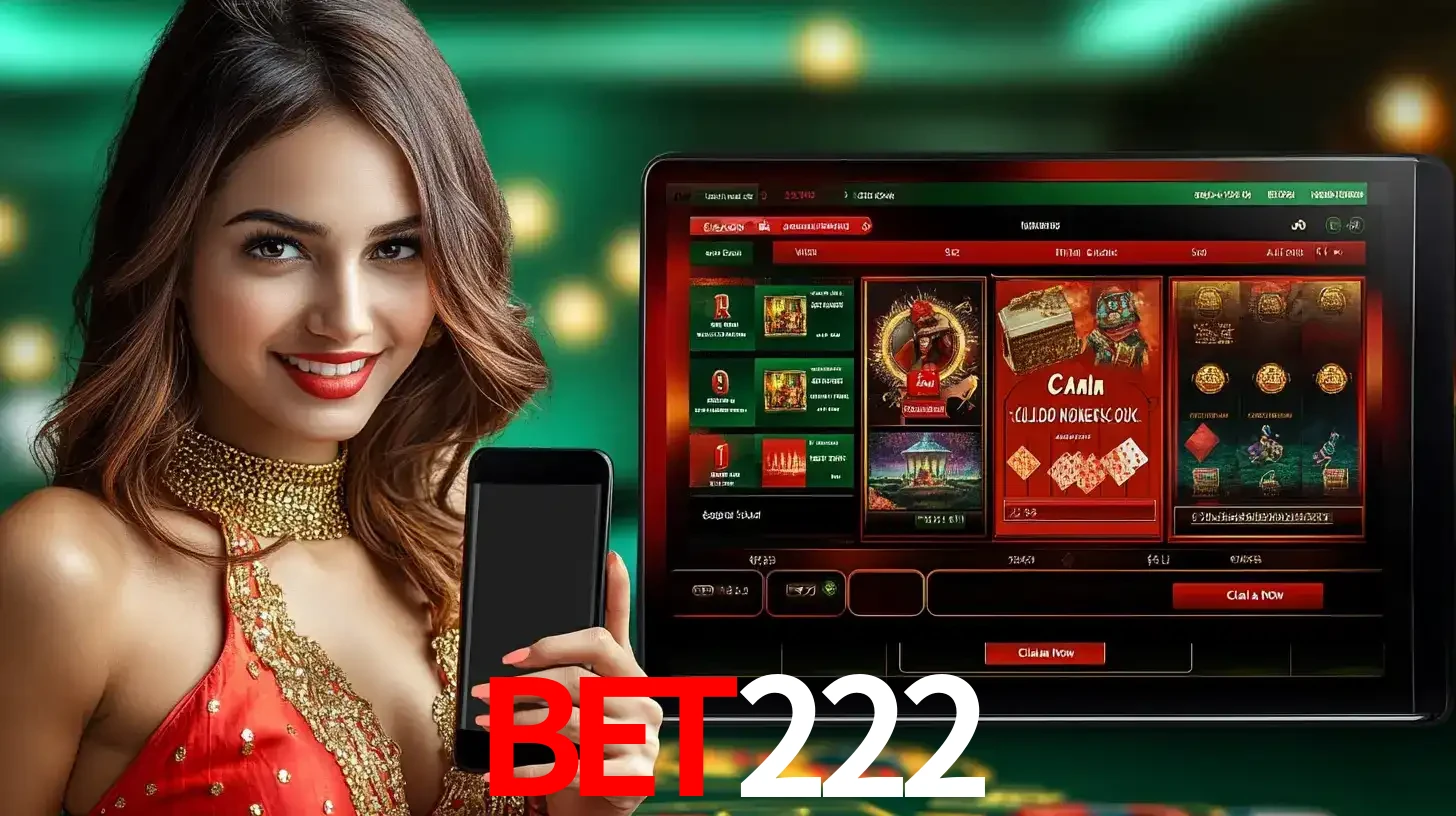 Mulher sorridente segurando um smartphone, ao lado de uma tela exibindo o lobby de jogos do cassino online bet222, com várias opções de jogos de cartas e slots.